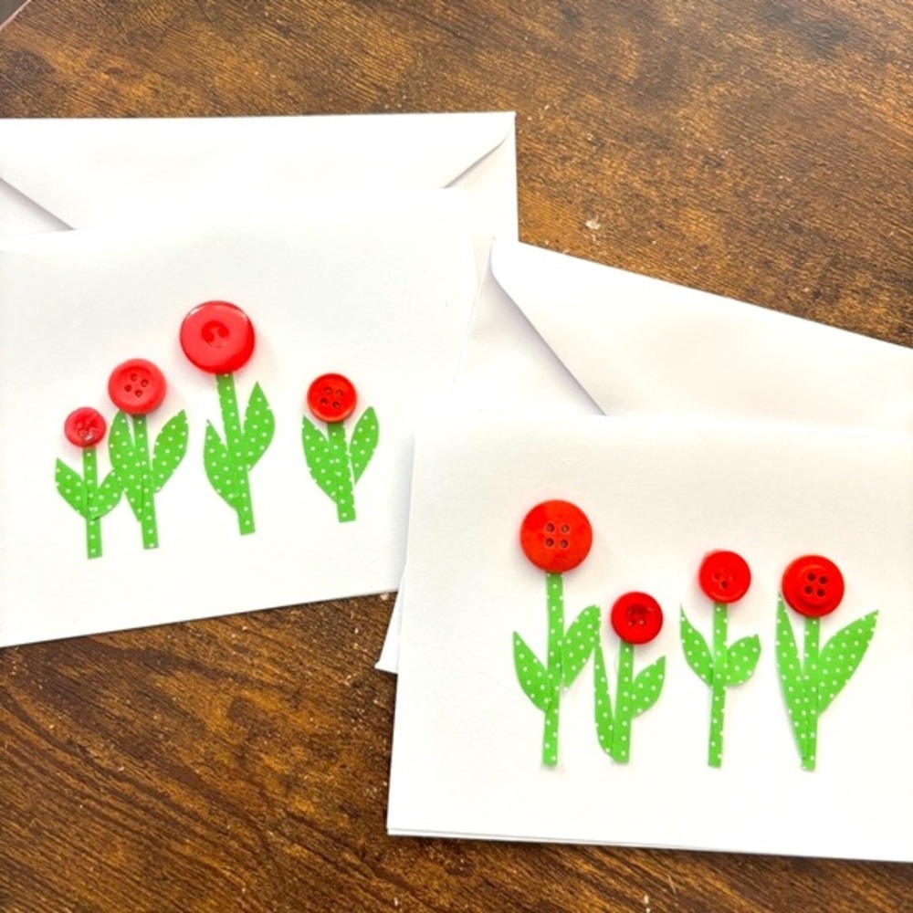 2 Handmade Blank Cards, Red Flowers, Button Art